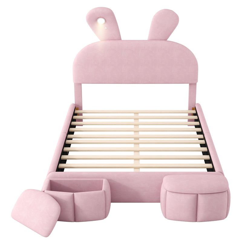 Full Upholstered Platform Bed With Cartoon Ears Headboard And LED Light - Pink - R&R Furniture Gallery (Fountain Valley, CA)