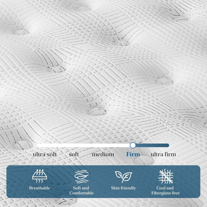 12" King Hybrid Mattress, Memory Foam & Pocket Spring Bed, Medium Firm Comfort, Spine Support, Quiet & Breathable - White - R&R Furniture Gallery (Fountain Valley, CA)