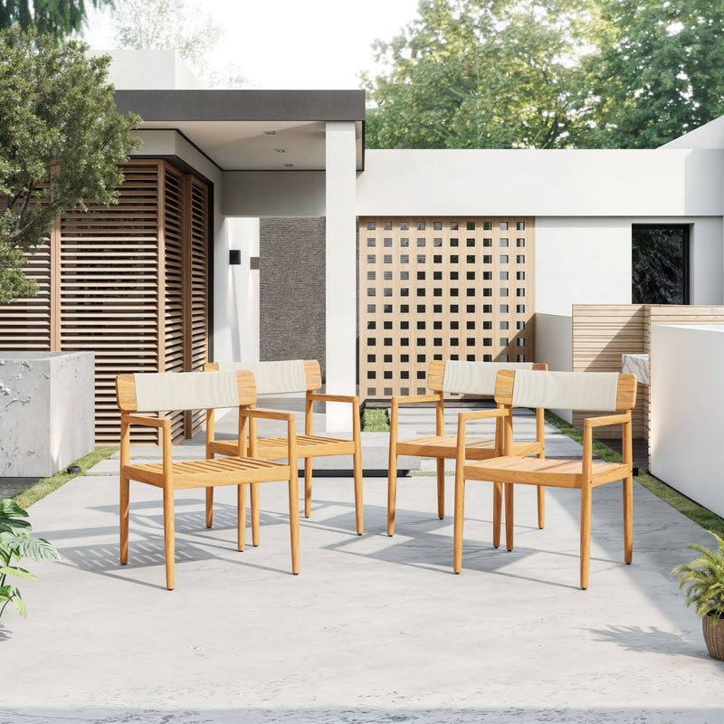 Creative Braided Acacia Wood Outdoor Dining Table And Chairs With Armrests (Set of 2) - Teak / White - R&R Furniture Gallery (Fountain Valley, CA)
