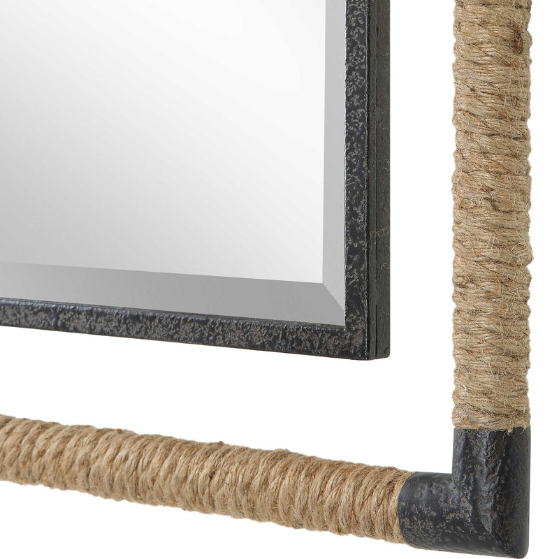 Uttermost Melville Iron and Rope Wall Mirror in light brown with a rustic frame and circular mirror design.
