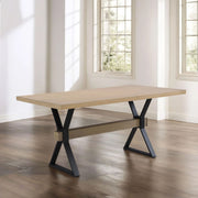 Noble House Elevated farmhouse dining table with light ash finish and X-shaped legs, showcasing a sturdy wooden surface.