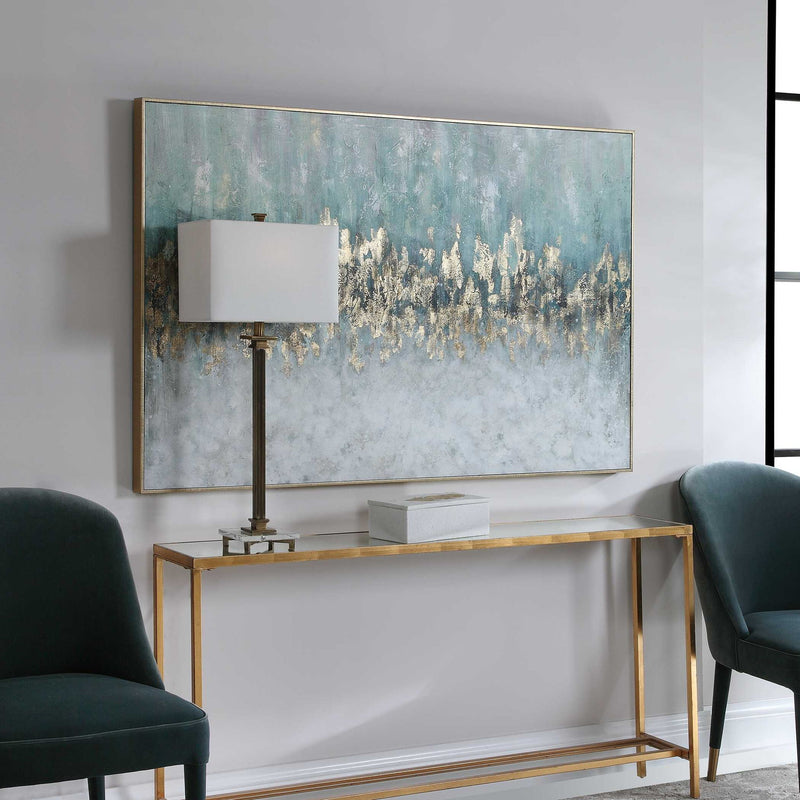 Uttermost Divide hand-painted blue canvas art featuring abstract design on a neutral background, modern wall decor piece.