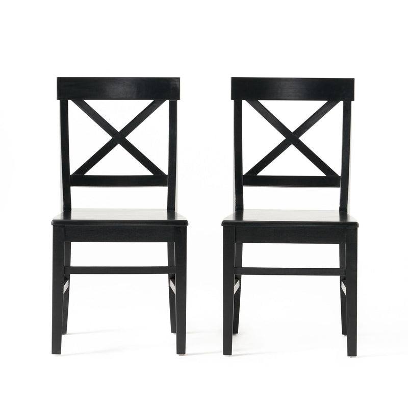 Set of two Noble House Plethora dining chairs with X-shaped back, modern wooden frame and cushioned seats for stylish dining rooms.