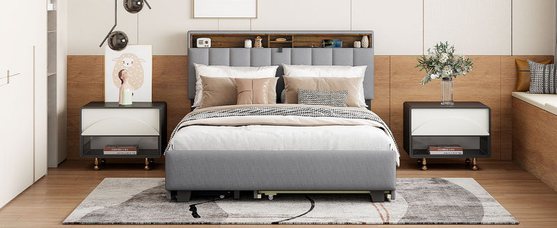 Upholstered Platform Bed With Storage Headboard, Trundle & 2 Drawers And A Set Of Sockets & USB Ports - R&R Furniture Gallery (Fountain Valley, CA)
