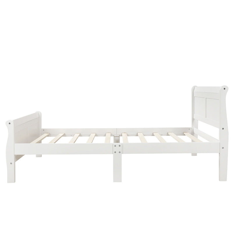 DreamHaus platform bed frame with wooden slats, sleigh-style headboard and footboard, sturdy mattress foundation, modern bedroom furniture.