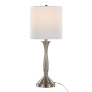 Lumi Source Sawyer contemporary table lamp set with nickel finish, white shades, built-in USB ports, perfect for modern home decor.