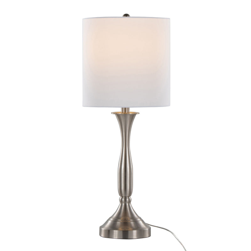 Lumi Source Sawyer contemporary table lamp set with nickel finish, white shades, built-in USB ports, perfect for modern home decor.