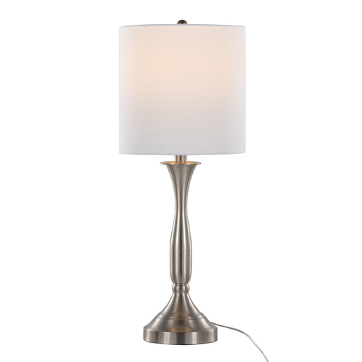 Lumi Source Sawyer contemporary table lamp set with nickel finish, white shades, built-in USB ports, perfect for modern home decor.