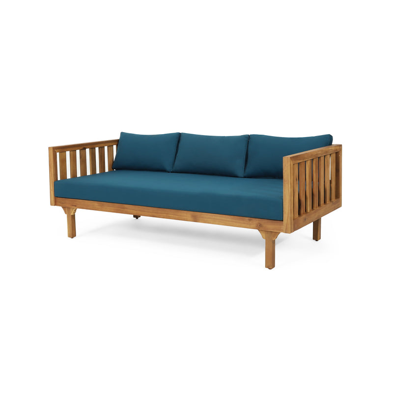 Noble House Claremont 3-seater teak acacia wood daybed with water-resistant cushions, ideal for outdoor lounging and relaxation.
