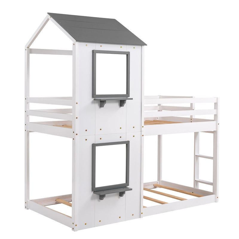 DreamHaus wooden bunk bed with roof, window, guardrail, and ladder, showcasing a sturdy, multi-level sleeping space for children.