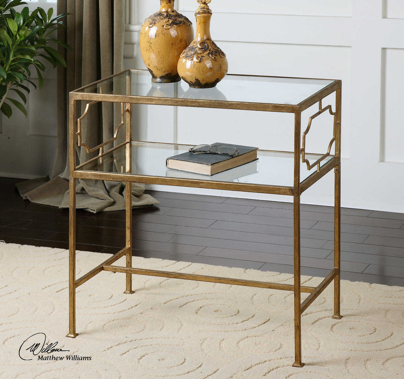 Uttermost Genell side table with a sleek modern design, featuring a smooth surface and minimalist metal frame.