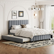 DreamHaus platform upholstered storage bed with two drawers and twin long trundle, showcasing soft fabric and modern design.