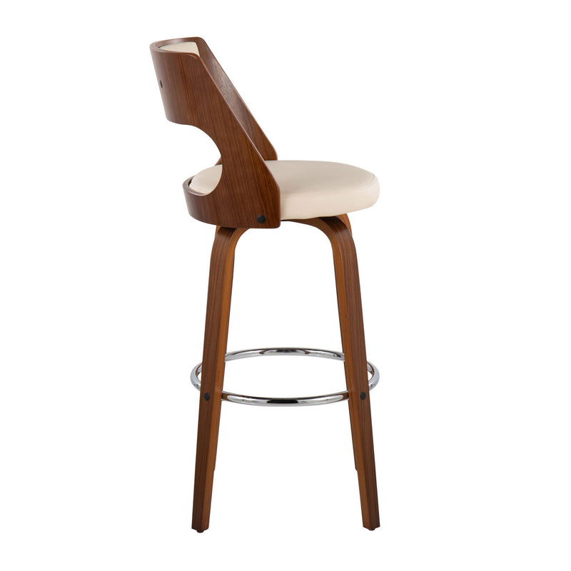 Lumi Source Cecina mid-century modern barstools with swivel seats, set of two, featuring sleek wooden legs and upholstered seats.