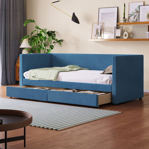Halcyon Home storage daybed with two drawers and wood slat design, showcasing a sturdy frame and functional storage space.