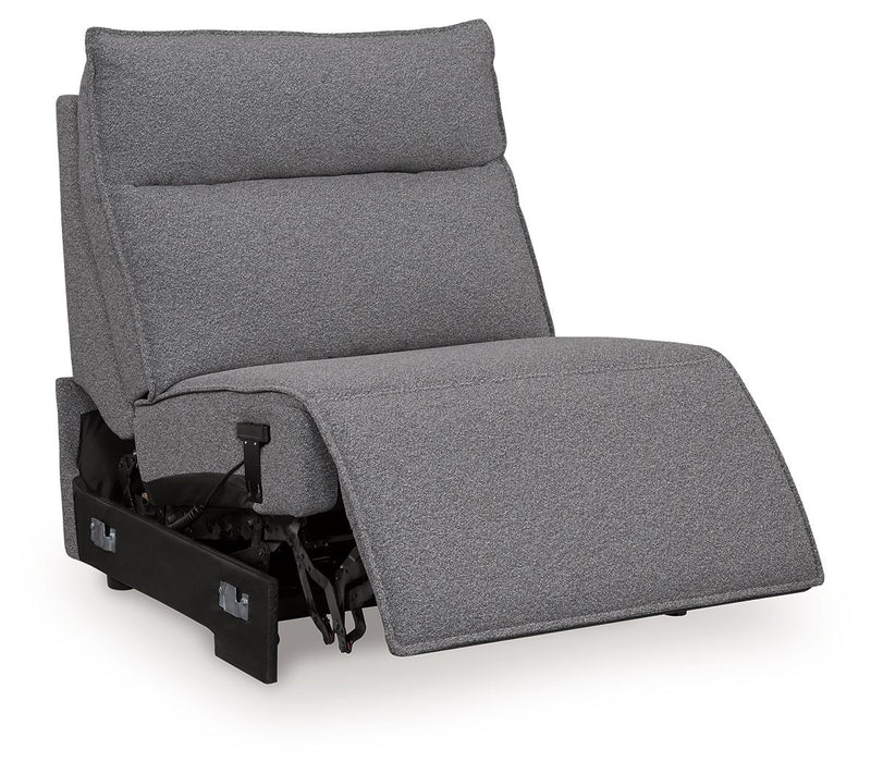 Signature Design by Ashley Modmax II reclining sectional in salt and pepper fabric with plush cushions and adjustable reclining features.