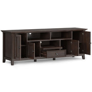 Wide Amherst TV media stand by Simpli-Home with open shelves and storage compartments for media devices and decor.