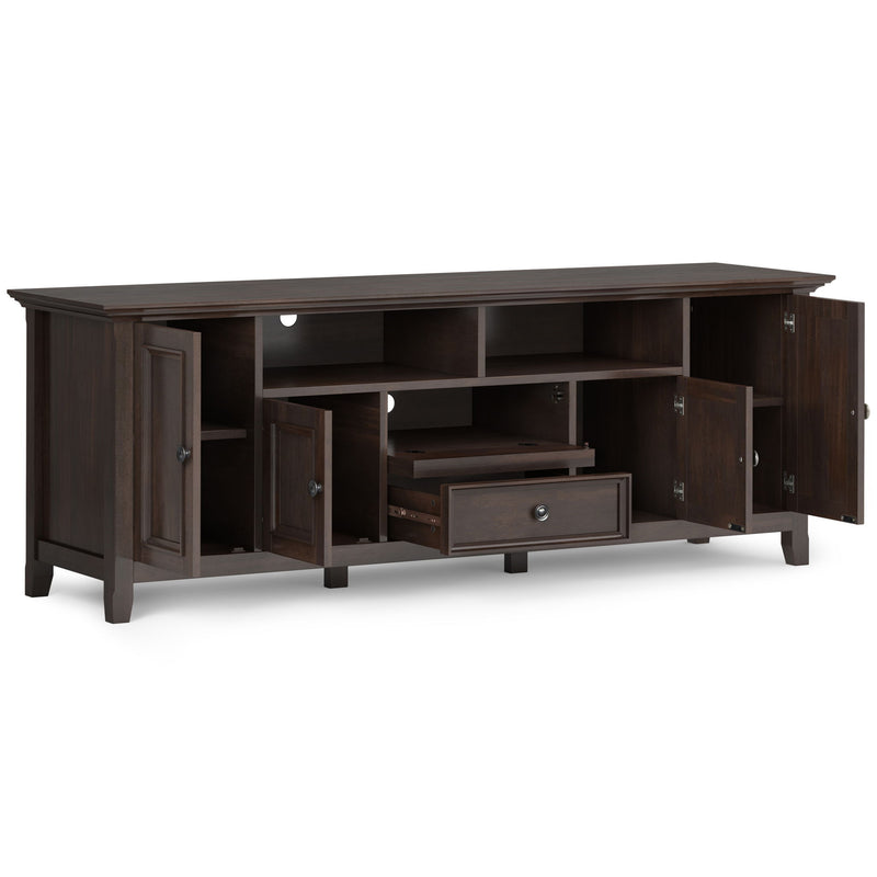 Wide Amherst TV media stand by Simpli-Home with open shelves and storage compartments for media devices and decor.