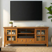 Simpli-Home Acadian TV media stand with open shelving and cabinet storage for living room organization.