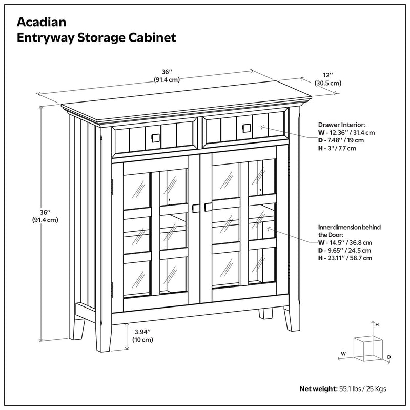 Simpli-Home Acadian entryway storage cabinet in brunette brown, featuring a compact accent cabinet with doors and storage space.
