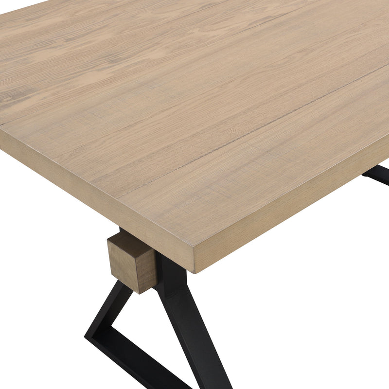 Noble House Elevated farmhouse dining table with light ash finish and X-shaped legs, showcasing rustic wooden design.
