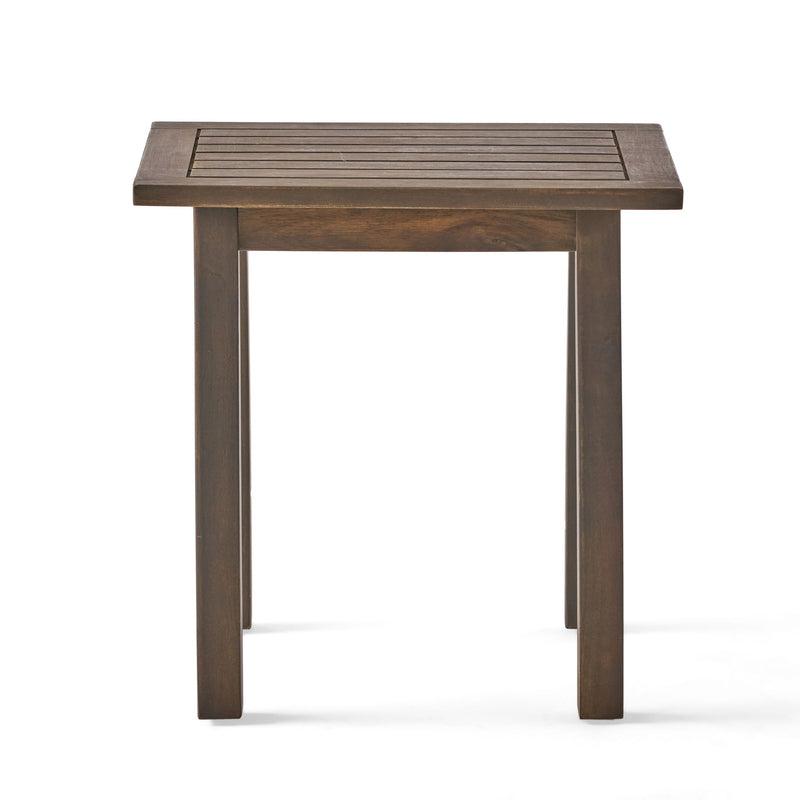 Noble House Kinesis outdoor side table with slatted top and wood frame, ideal for patio or garden seating areas.