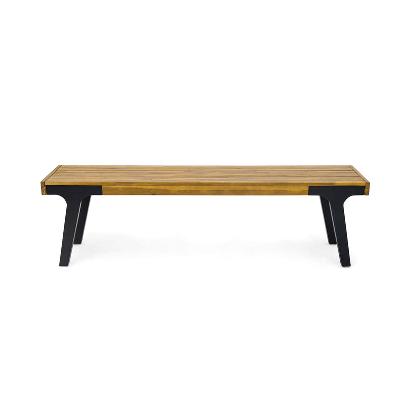 Set of two Noble House teak dining benches with smooth wooden surfaces and sturdy legs, ideal for outdoor or indoor dining spaces.