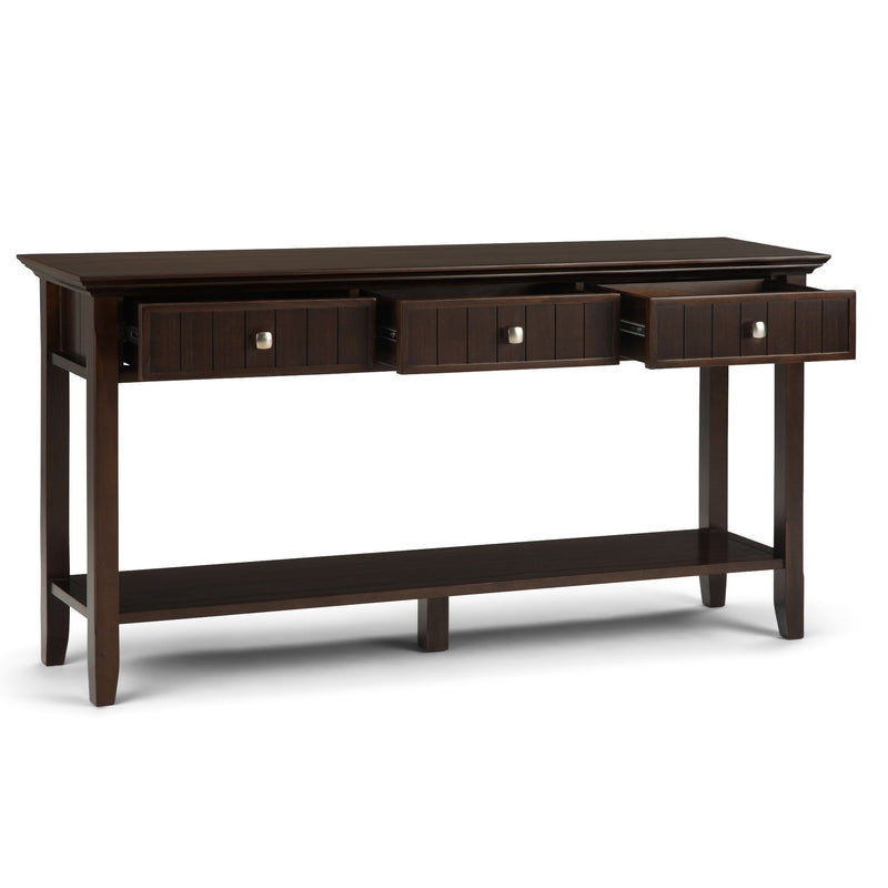 Simpli-Home Acadian wide console sofa table in brunette brown with sleek, modern design and smooth finish.