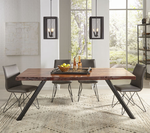 Reese live edge solid wood dining table with metal legs in natural acacia by Modus, showcasing the textured wood surface and sturdy frame.