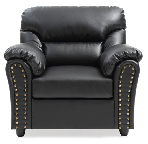 Black Olney arm chair by Glory Furniture featuring a modern design with plush upholstery and sturdy wooden legs.