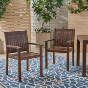 Pair of Wilson rustic dining chairs by Noble House featuring dark brown acacia wood with slat panel design