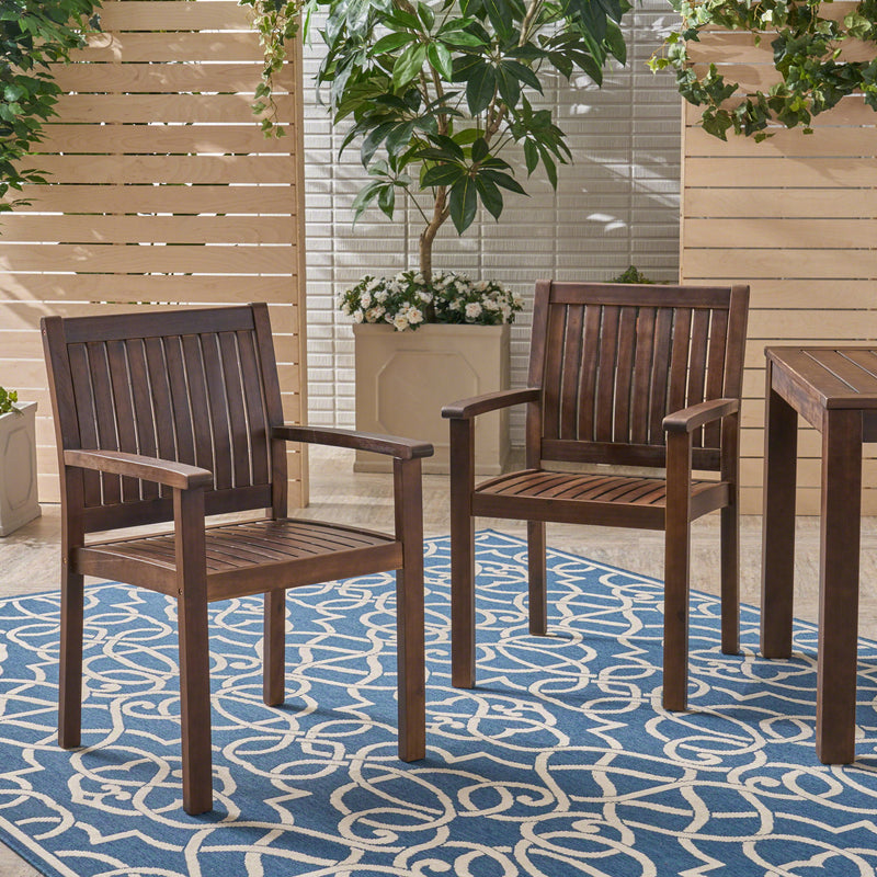 Pair of Wilson rustic dining chairs by Noble House featuring dark brown acacia wood with slat panel design