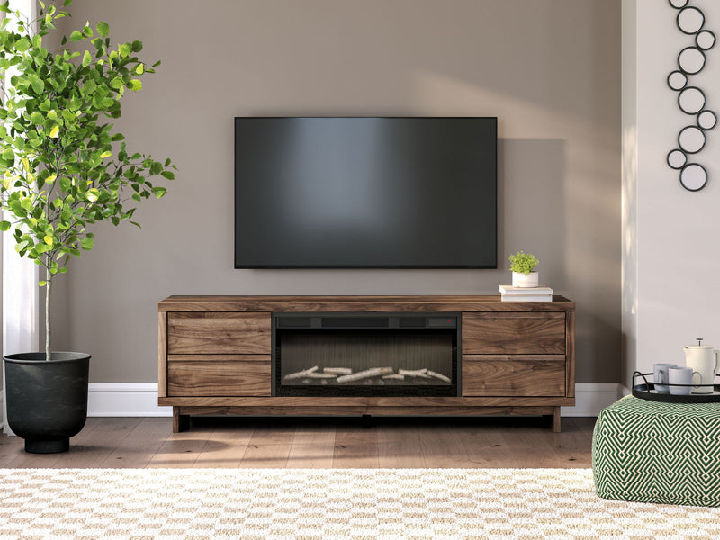 Signature Design by Ashley Zadilyn TV stand with fireplace option, wooden media console with storage and built-in fireplace feature.