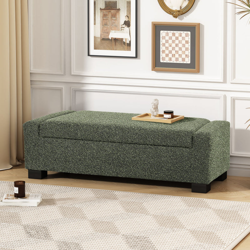 Noble House textured fabric ottoman bench with hinged lid, showing soft upholstery and sturdy wooden legs.