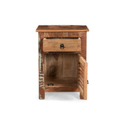 Natural recycled wood side table with drawer and door from Noble House, showcasing rustic design and sturdy construction.