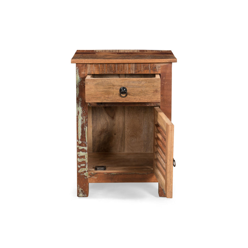 Natural recycled wood side table with drawer and door from Noble House, showcasing rustic design and sturdy construction.