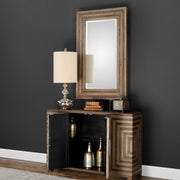 Light brown Uttermost Layton geometric console cabinet with modern design and accent storage, featuring sleek lines and decorative accents.
