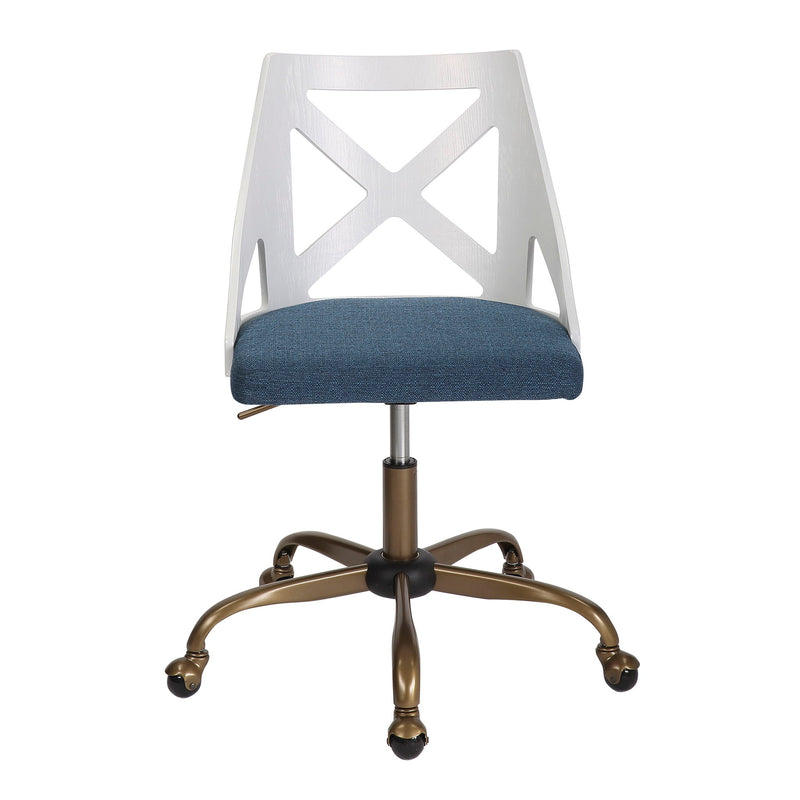 Lumi Source Charlotte farmhouse swivel task chair with antique copper, white, and blue finish, featuring a comfortable cushioned seat and back.