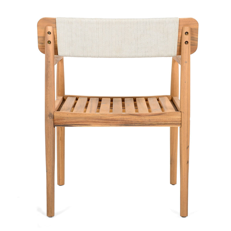 Creative Braided Acacia Wood Outdoor Dining Table And Chairs With Armrests (Set of 2) - Teak / White - R&R Furniture Gallery (Fountain Valley, CA)
