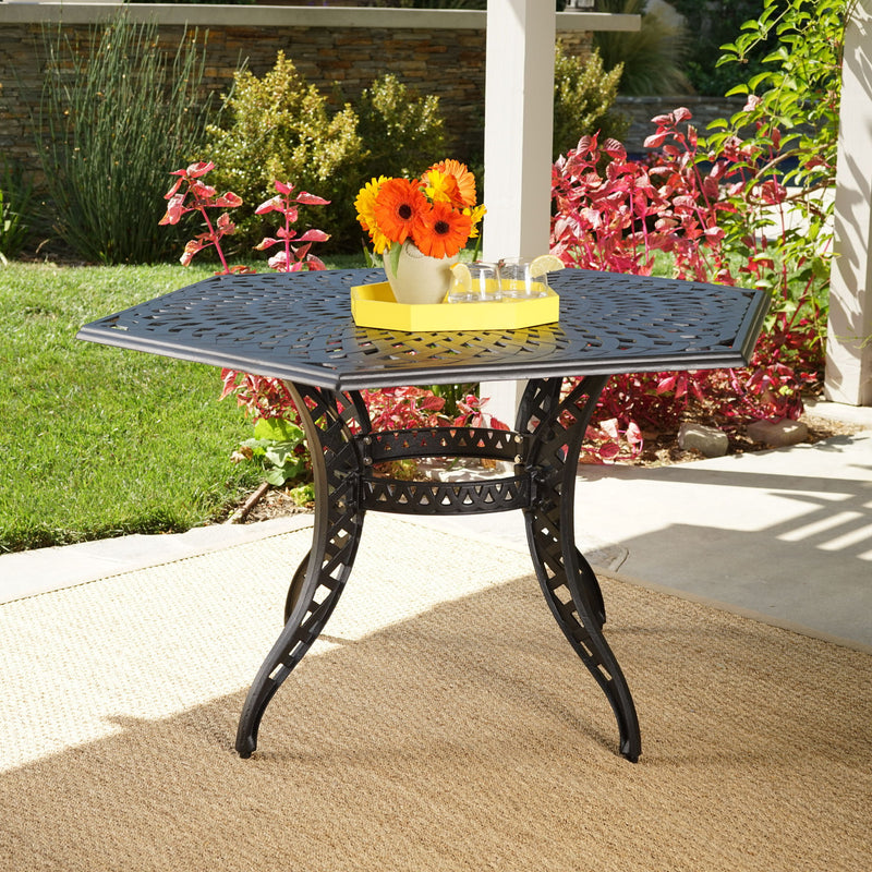 Outdoor Cast Aluminum Dining Table With Lattice Top And Umbrella Hole - Black - R&R Furniture Gallery (Fountain Valley, CA)