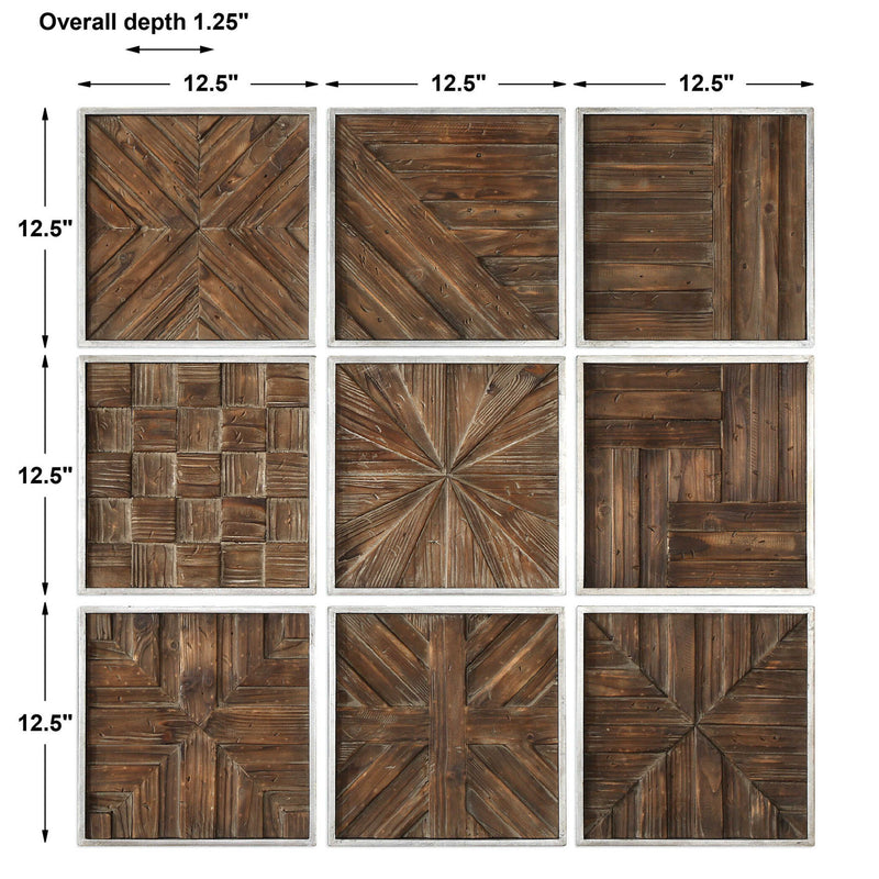 Rustic wooden squares wall decor by Uttermost, dark brown set of 9, featuring natural textured wood for stylish interior decoration.