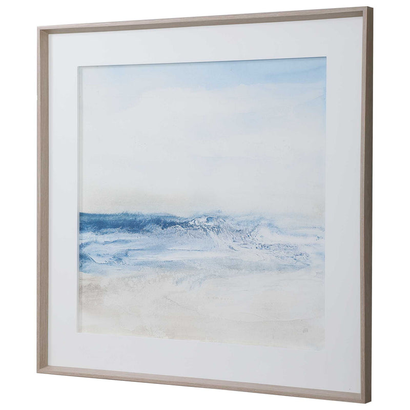 Uttermost Surf And Sand framed print featuring a calming blue beach scene, ready to hang as wall decor.