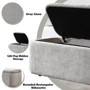 Gray ACME Orane storage bench with cushioned top and wooden legs, offering stylish seating and hidden storage space.
