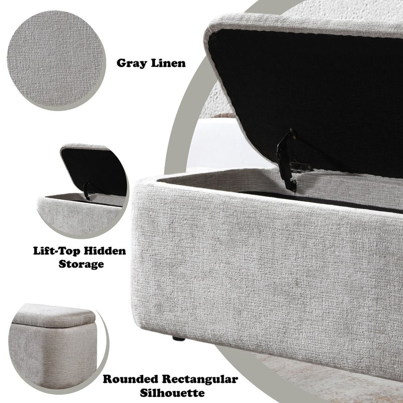 Gray ACME Orane storage bench with cushioned top and wooden legs, offering stylish seating and hidden storage space.