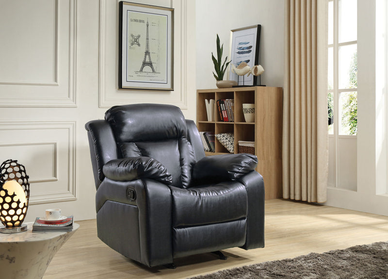 Glory Furniture comfortable rocking motion recliner with cushioned seat and backrest, ideal for relaxing in a living room setting.