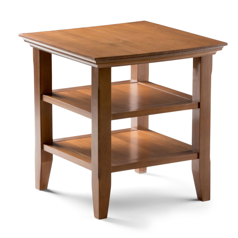 Handcrafted Acadian end table by Simpli-Home with a wooden finish, featuring a compact design and a lower shelf for storage.