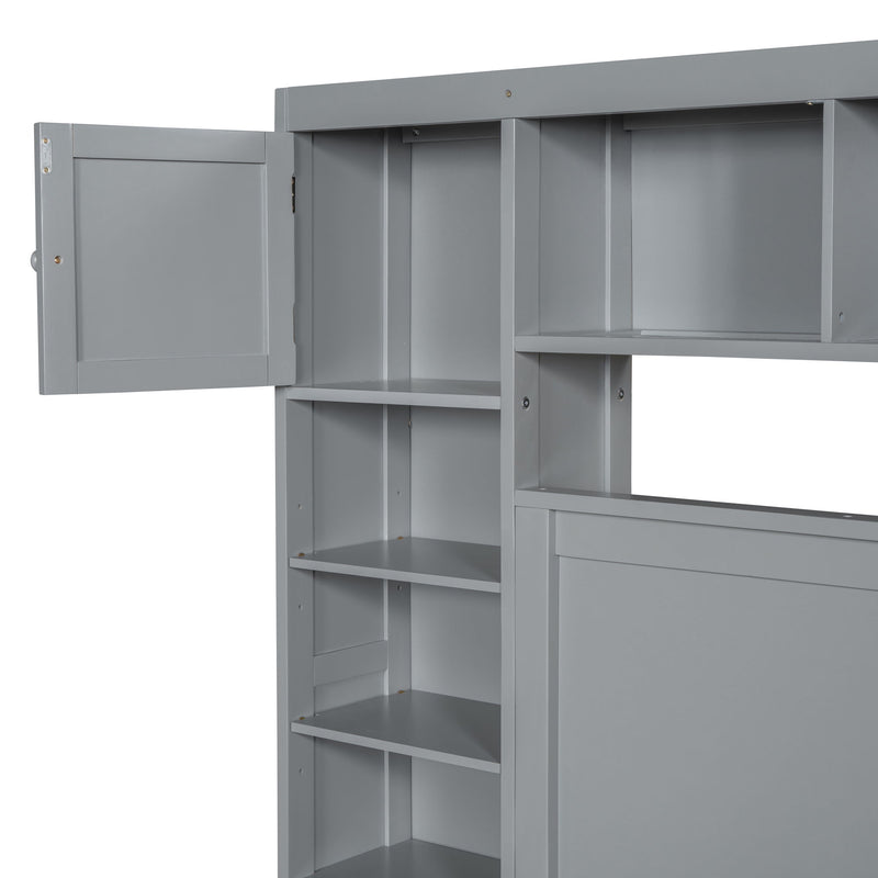 DreamHaus cabinet bed with built-in shelves and sockets, featuring an all-in-one design and modern wood finish.
