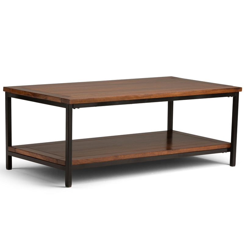 Dark cognac brown Skyler coffee table by Simpli-Home with a sleek wooden surface and sturdy legs, perfect for living room decor.