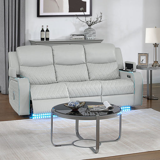 Elonzo - Power Motion Sofa With LED, Power Headrest & Speaker - Light Gray - R&R Furniture Gallery (Fountain Valley, CA)