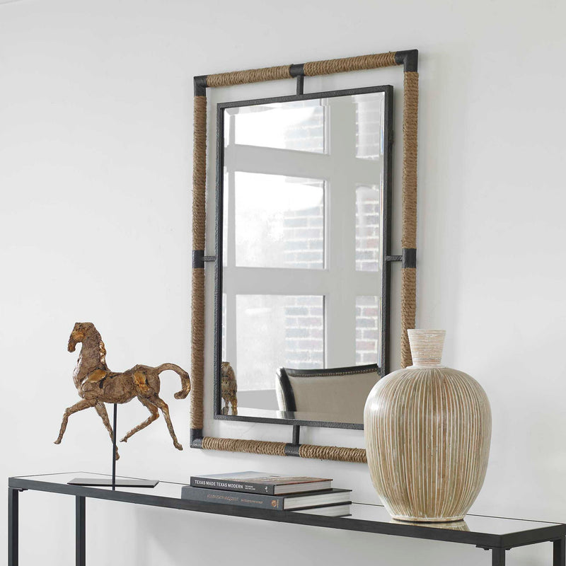 Light brown Uttermost Melville Iron & Rope Wall Mirror with circular frame and nautical-inspired design.