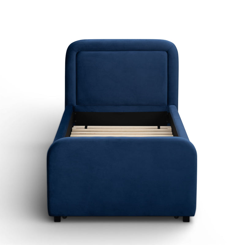 TOV Furniture Briella trundle bed with two-tier design, showcasing its sleek wooden frame and spacious storage drawer underneath.
